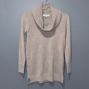 Loft Cowl Neck Sweater Womens XXSP Tan Oatmeal Knit Tunic Side Slit Preppy Chic